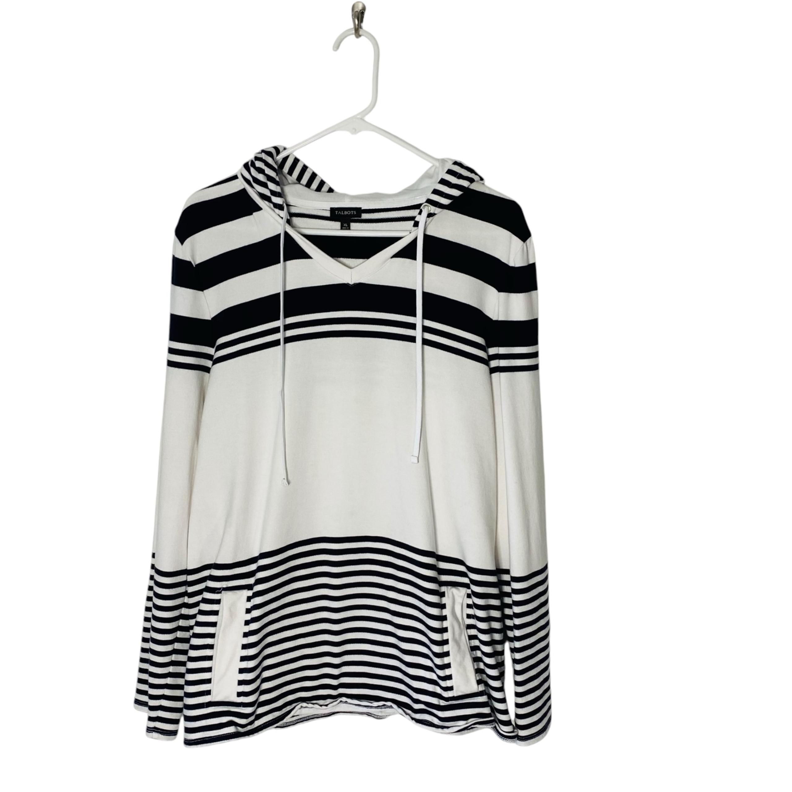 Talbots Striped Hoodie Size XL Navy Blue White Cotton Blend Pullover Sweatshirt