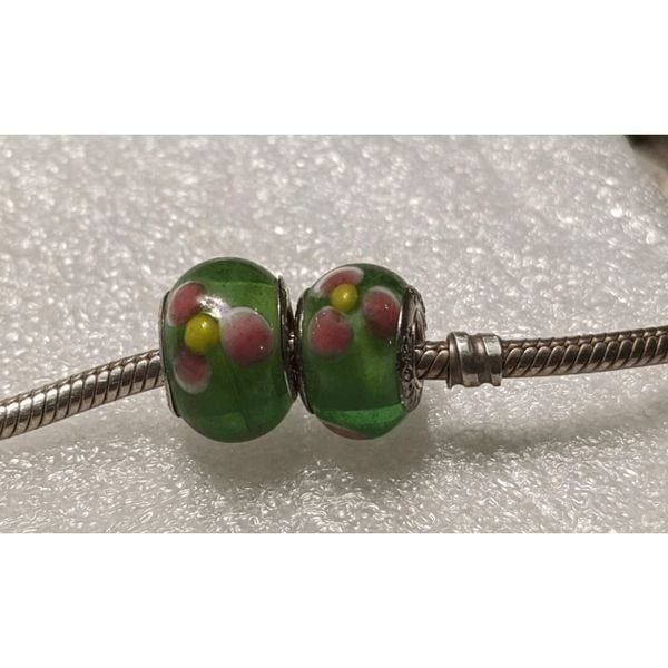 Set of 2 Pandora Green Murano Glass Charm with White & Pink Flowers
