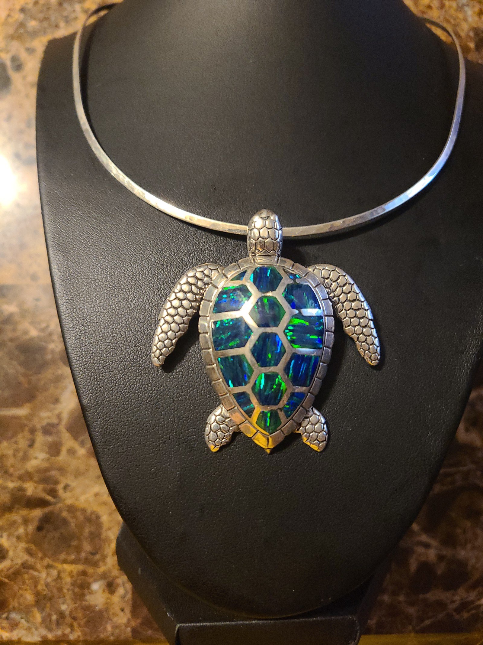 Turtle Pendant Inlay Fire Opal Green Sterling Silver 9.50 from Taxco