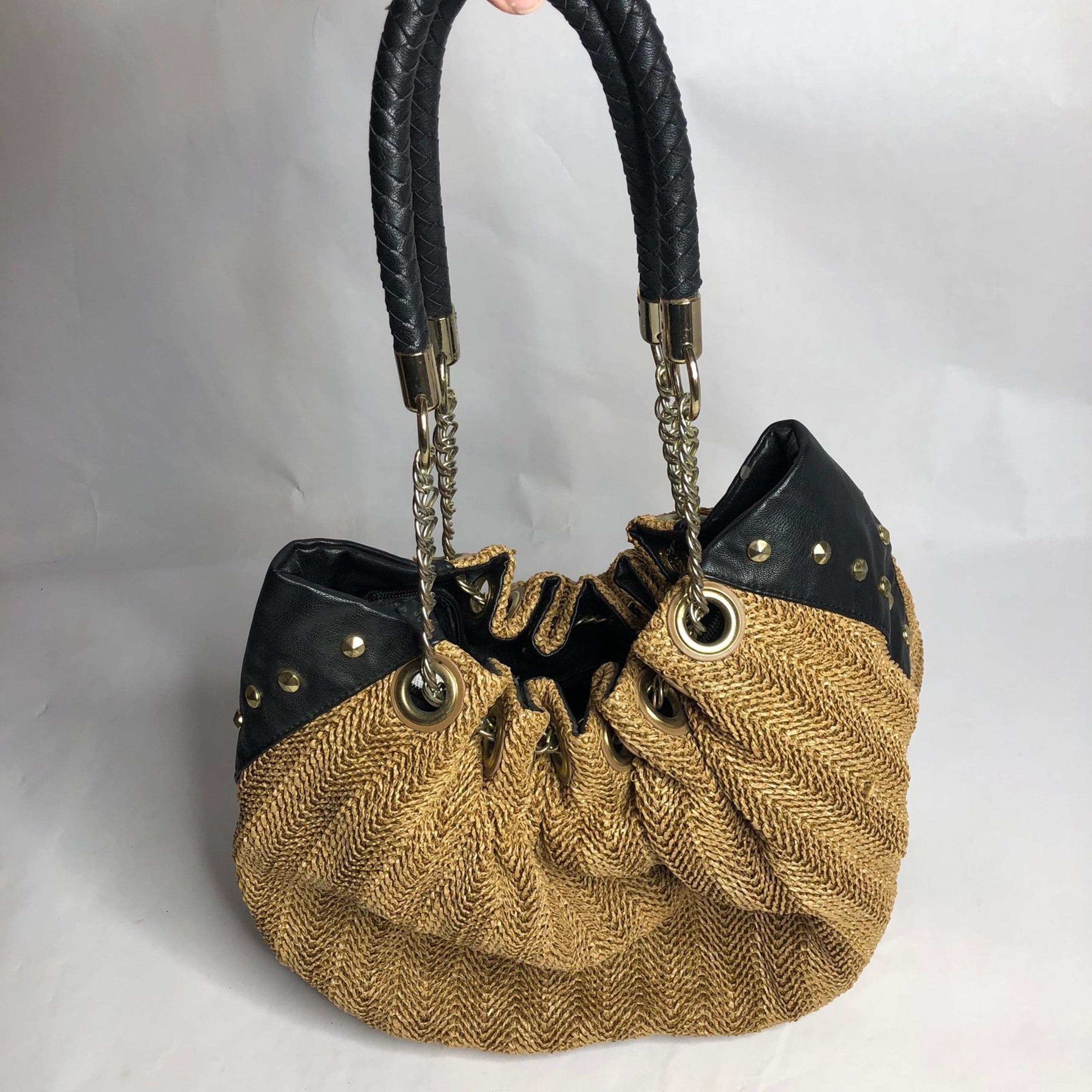 Olivia & Joy Beige Woven Black Leather Gold Hardware Chain Purse