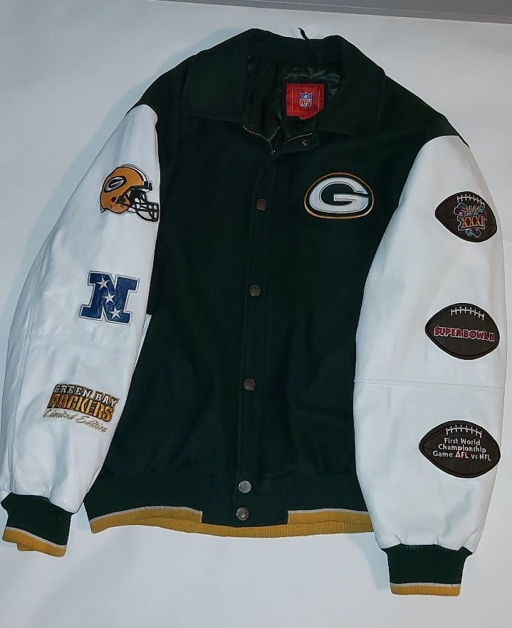 NFL GREEN BAY PACKERS 3-TIME SUPER BOWL CHAMPIONS LEATHER LETTERMAN JACKET XXL
