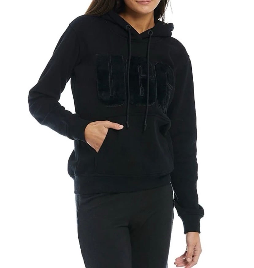 UGG WOMENS SIZE LARGE BLACK REY FUZZY LOGO HOODIE PULLOVER SWEATSHIRT HOODED