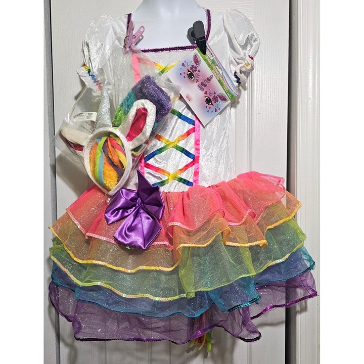 Rainbow Unicorn Costume Tail Dress Fairy Princess Face Art Halloween Girls LG