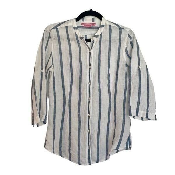 Island Company 100% linen striped collarless button down