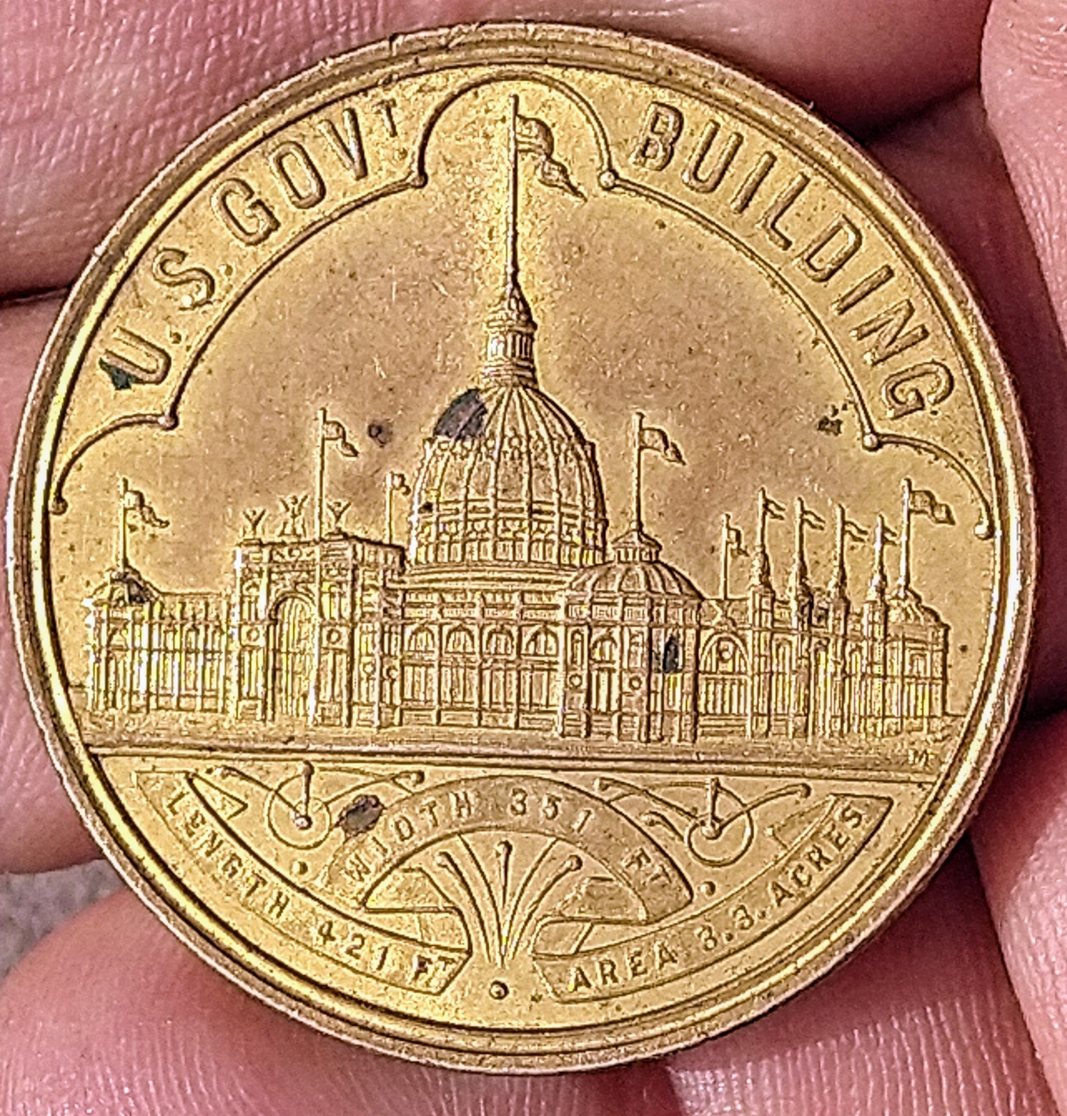1893 Worlds Fair solid Brass Gov Building Token Rarely seen USA Genuine Nice