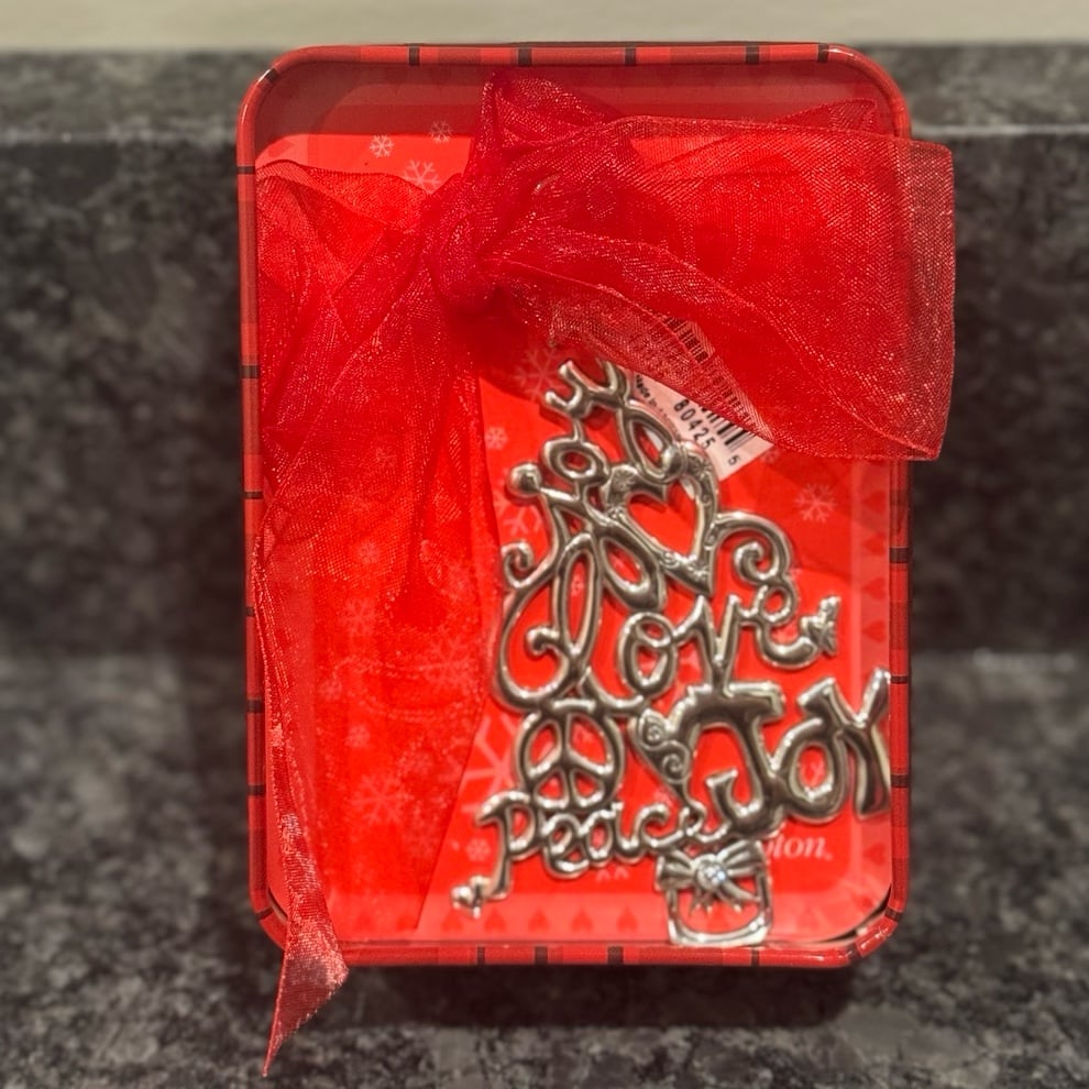 Rare Silver Brighton Christmas Tree Ornament with Peace, Loy, & Joy