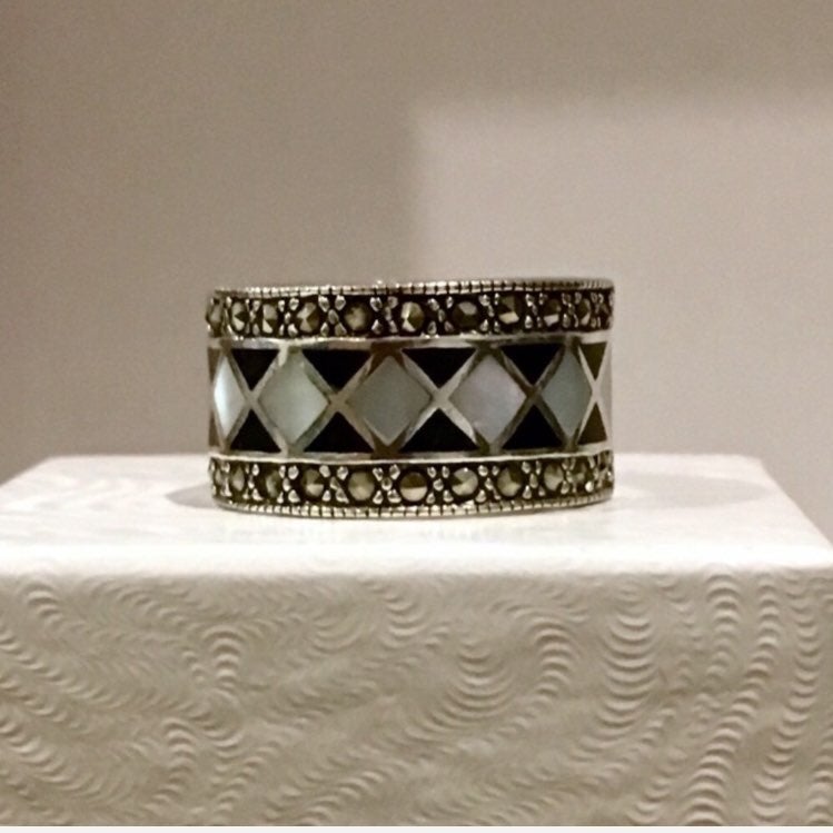 Onyx Marcasite Mother of Pearl Ring 7.5