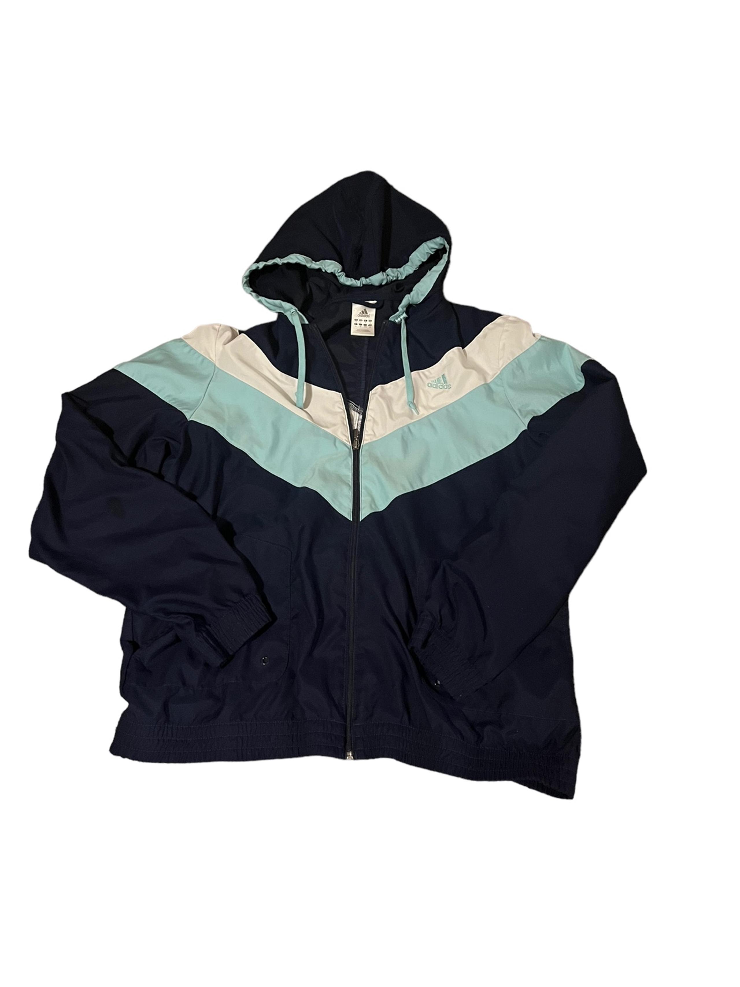 Adidas Womens Vintage L Spring Windbreaker Navy LightBlue White Chevron Stripe