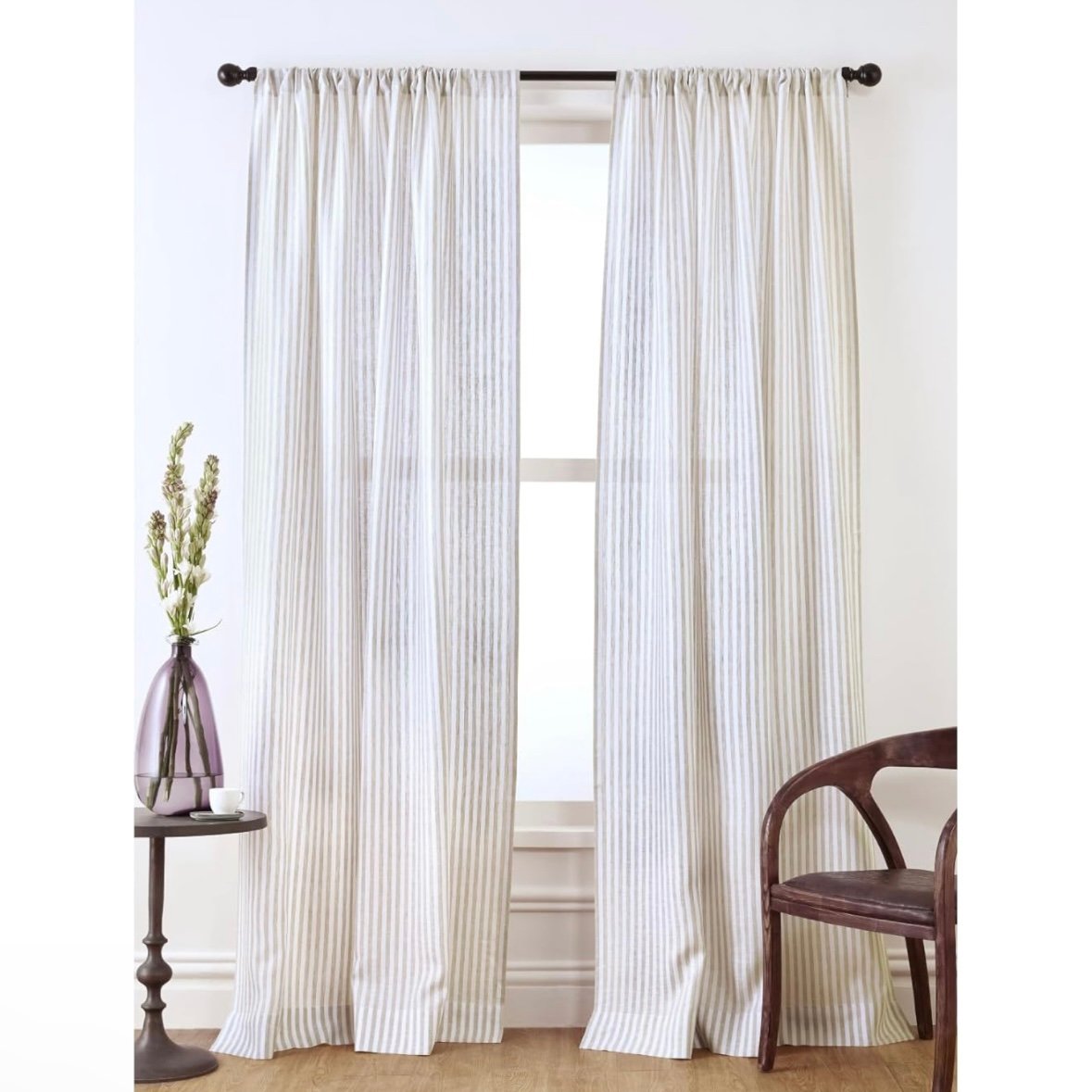New Solino Home 100% Pure Linen Natural and White Light Curtain 52 × 108 In