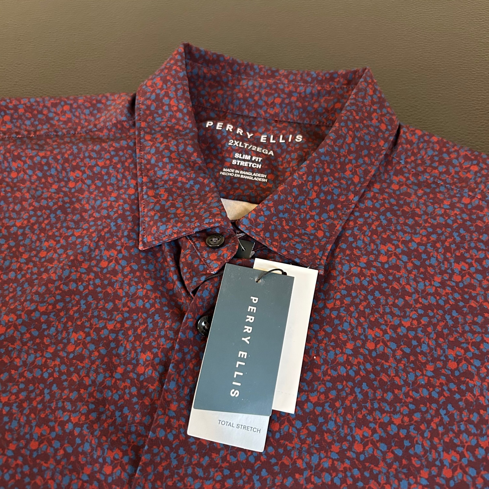 Perry Ellis Slim Fit Stretch Button Up Shirt Floral Maroon Blue Men 2XLT NWT 99
