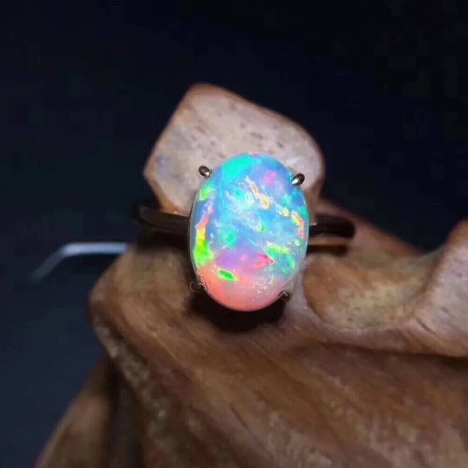 White Fire Opal, White Opal Ring, Gemstone Jewelry Ring, Womens Fire Opal 7x9mm