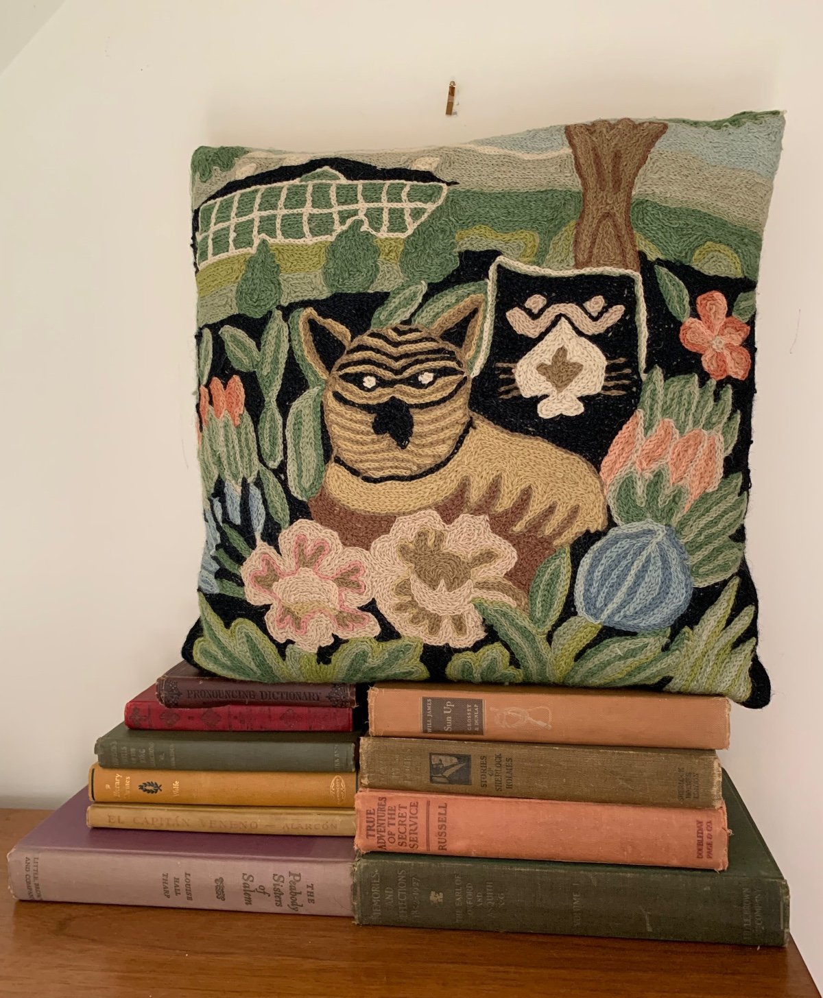 Vintage Embroidered Pillow with Cats and Flora Motif