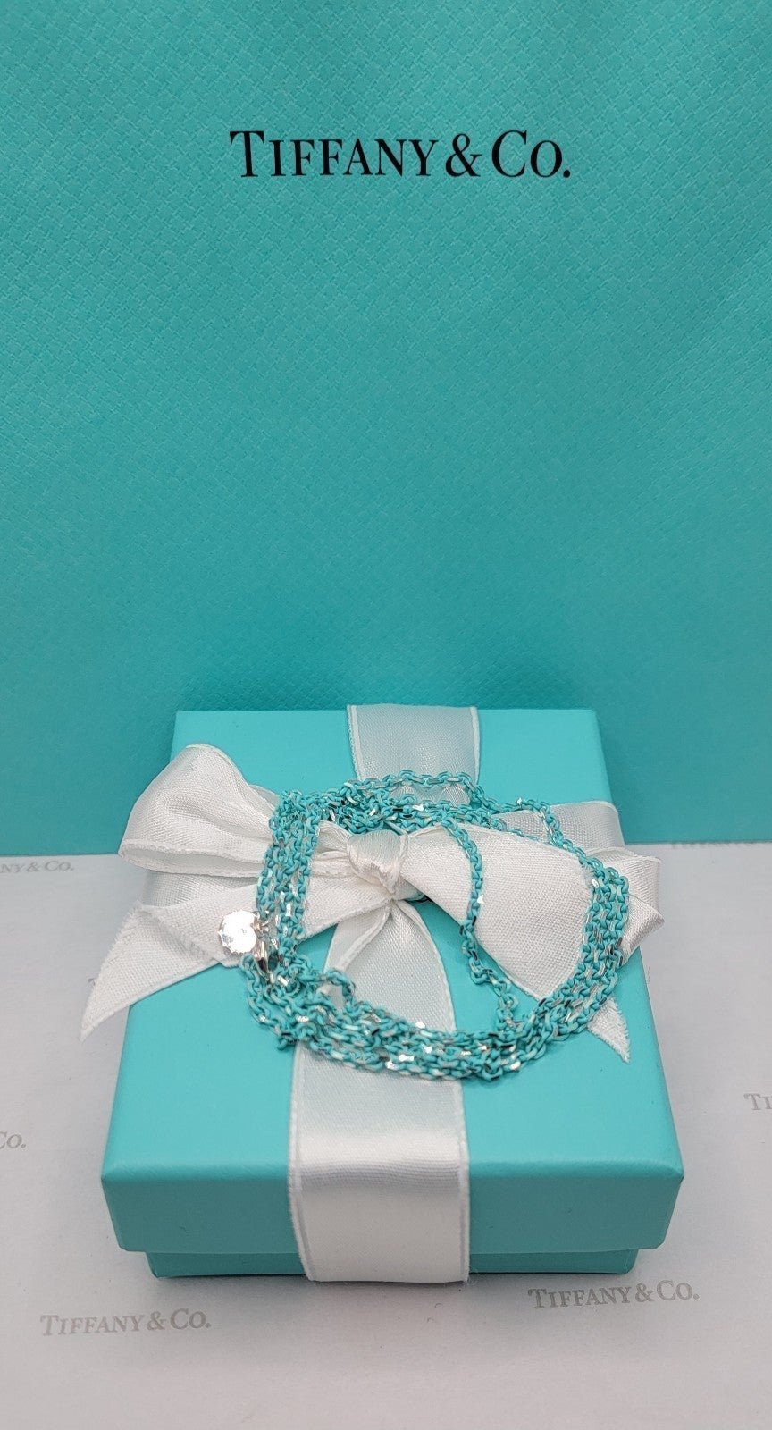 Tiffany & Co Silver Blue Enamel Sparkler 2.5mm 30 chain Necklace. - New