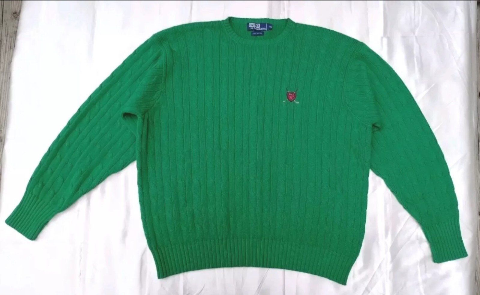 Vintage Polo Ralph Lauren Golf Crest GREEN Cable Knit Sweater Cotton Mens Sz XL