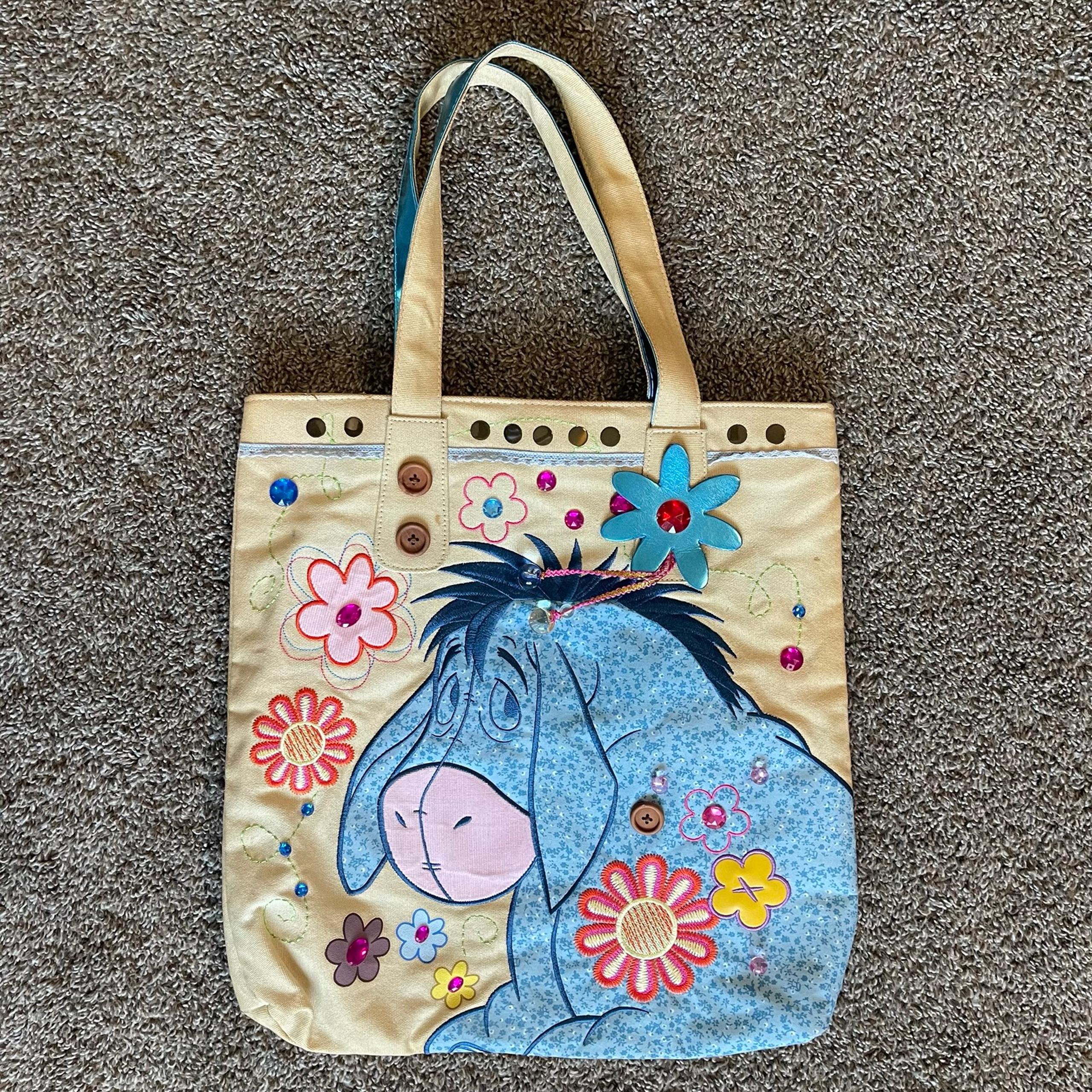 Vintage Disneyland Eeyore Tote Bag Buttons Jewels Flowers RARE! Disney 16”