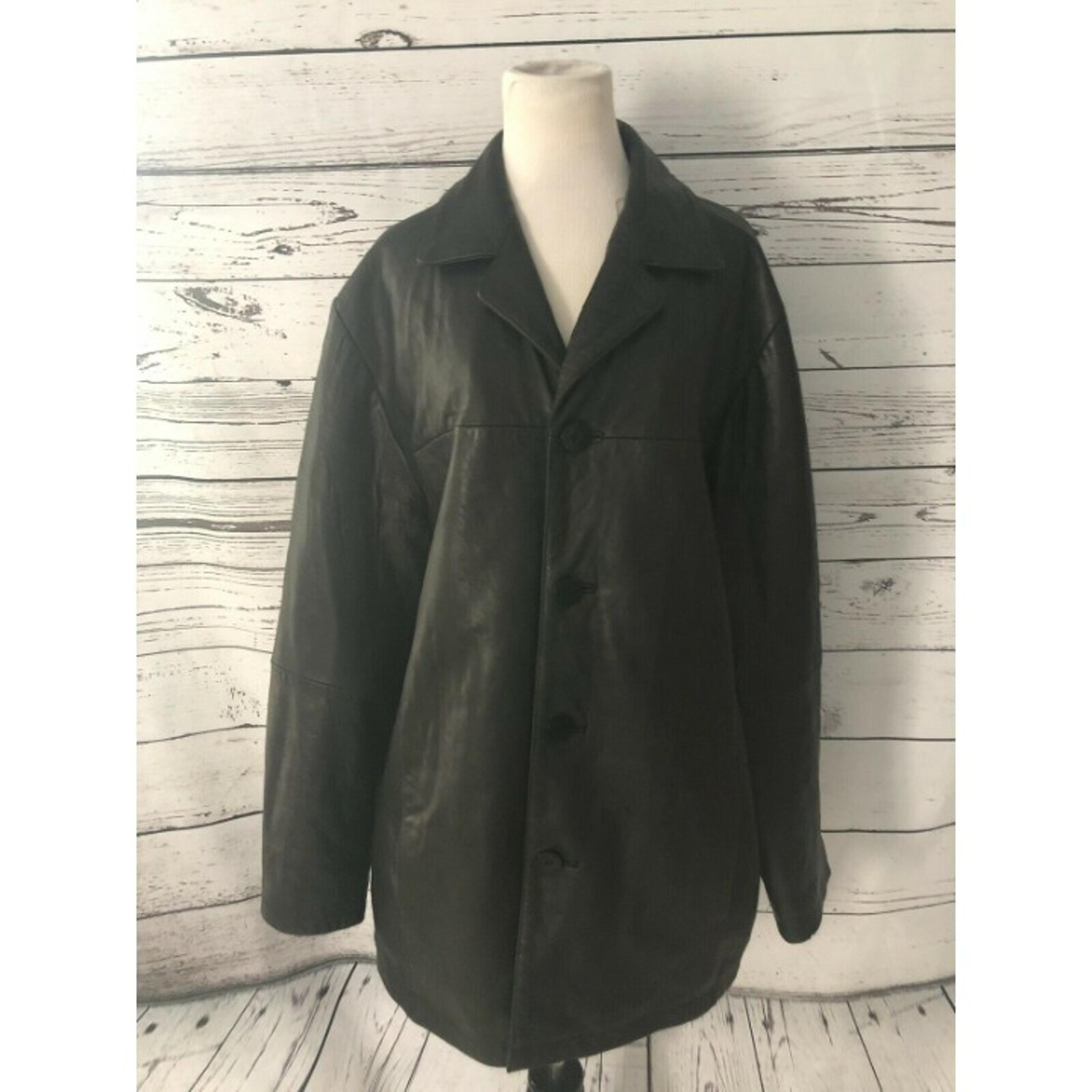 Mens Wilsons Leather Black Jacket Sz L Button Up Collared Lined Coat
