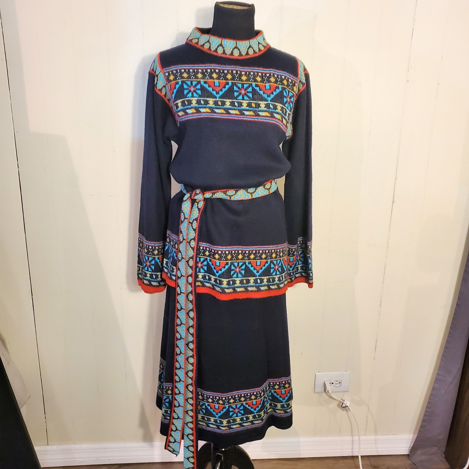 Vintage Fair Isle Knit Mock Neck Sweater, Midi Skirt & Belt Set Navy Blue