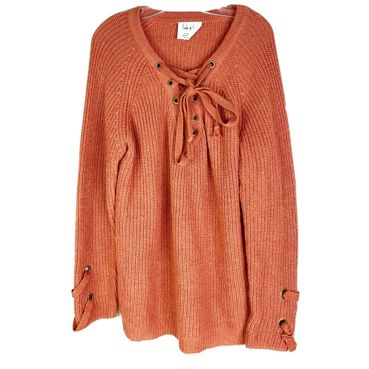 Sadie & Love Large Oversized Rust Colored Lace-Up V-Neck Soft Comfy Sweater EUC