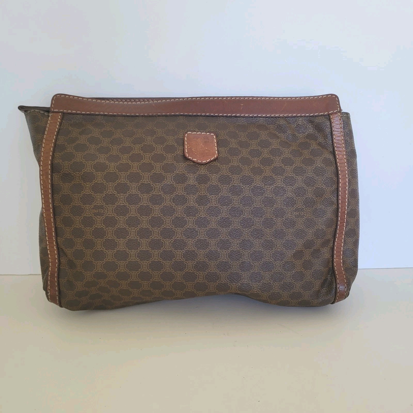 Celine Macadam Vintage Clutch Bag Zip Brown Medium Retro Pouch Designer