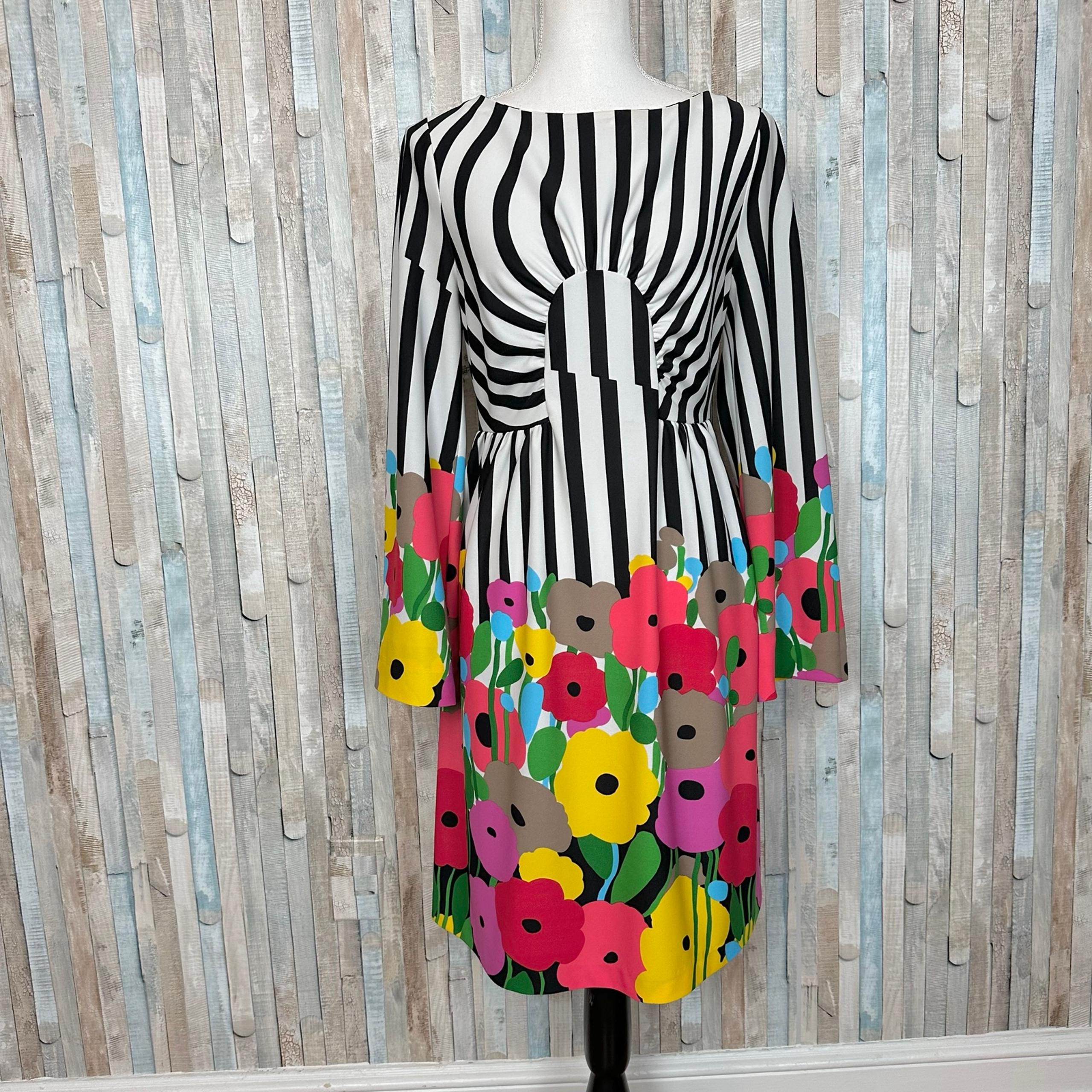 Tibi M Colorful Floral Stripe Printed Shift Dress Ruched Bodice Long Wide Sleeve