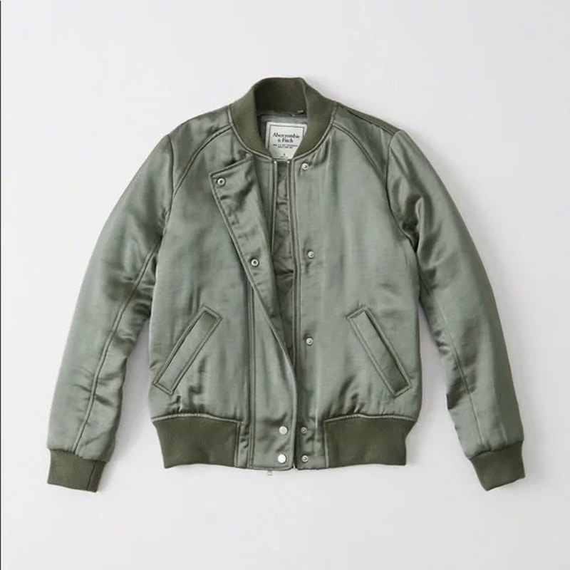 Abercrombie and Fitch Womens Satin Effect Bomber Jacket Size Medium Army Green