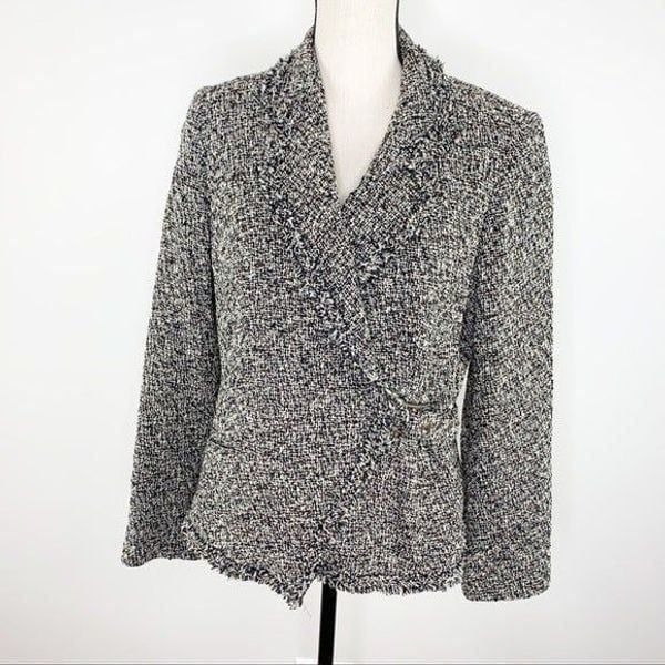 Gerard Darrel Paris B/W Boucle/Loose Tweed Jacket w/Fringe Trim and Half Belt.
