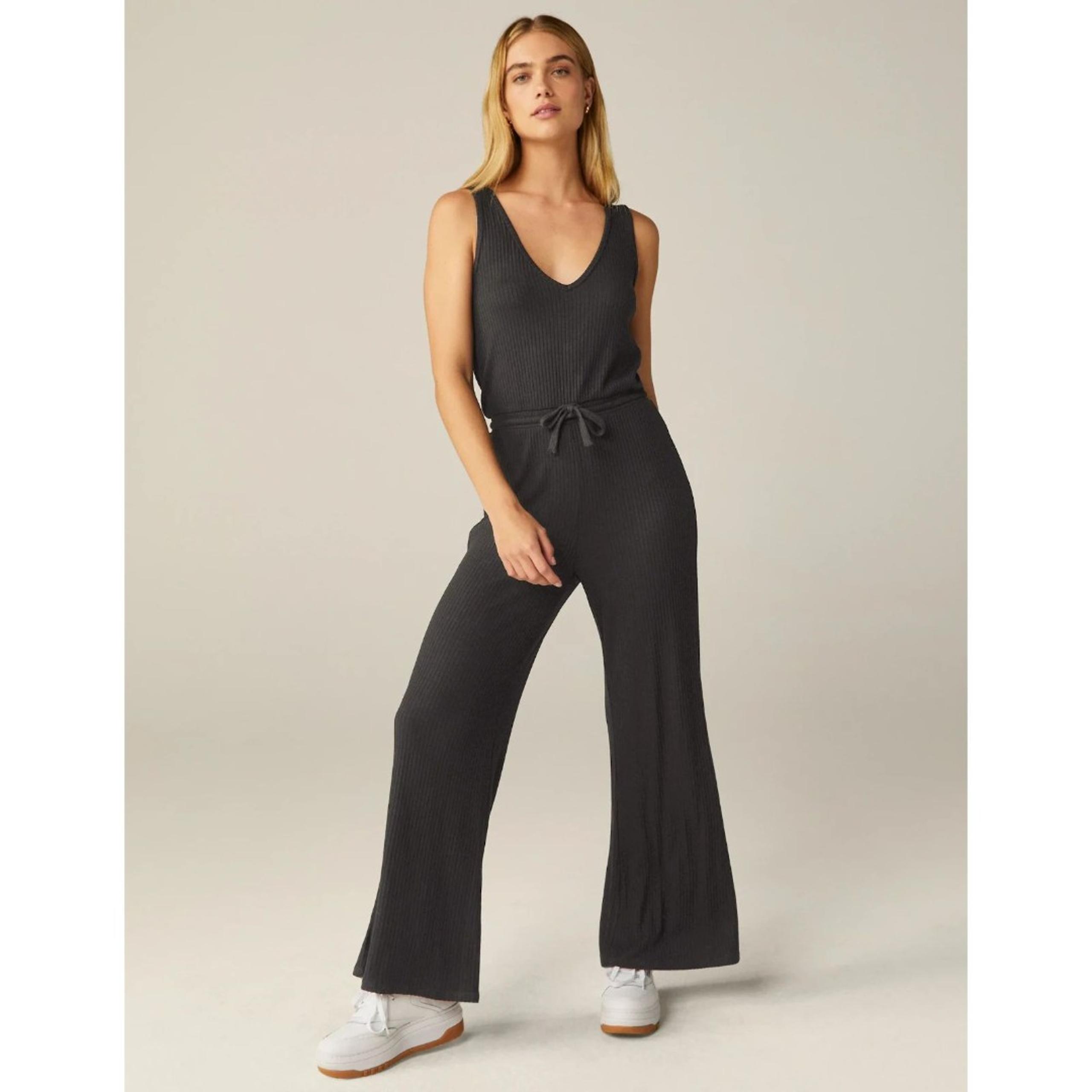 BEYOND YOGA Jetsetter Black Ribbed V-Neck Wide Leg Waist Tie Jumpsuit Size Large