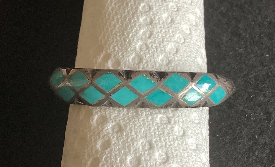 Vintage Zuni Sterling Silver Two-Sided Flush Inlay Turquoise Petite Bracelet.