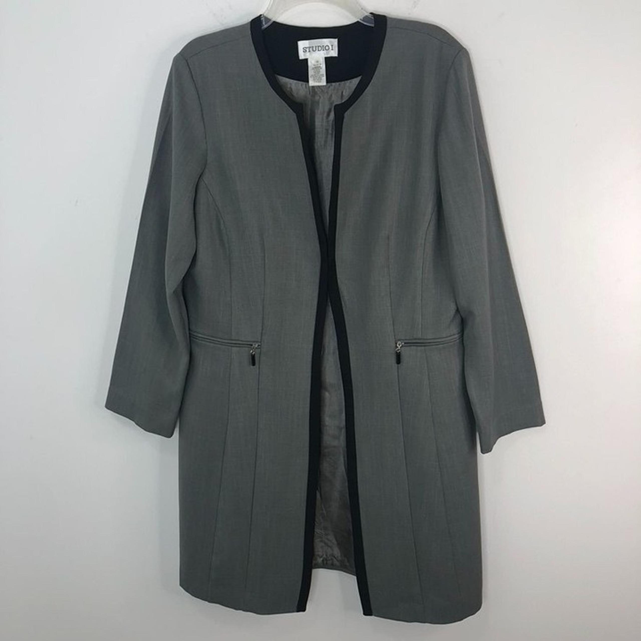 Studio I Women's Long Open Front Blazer Coat Size 12 Gray Office Core *FLAW*