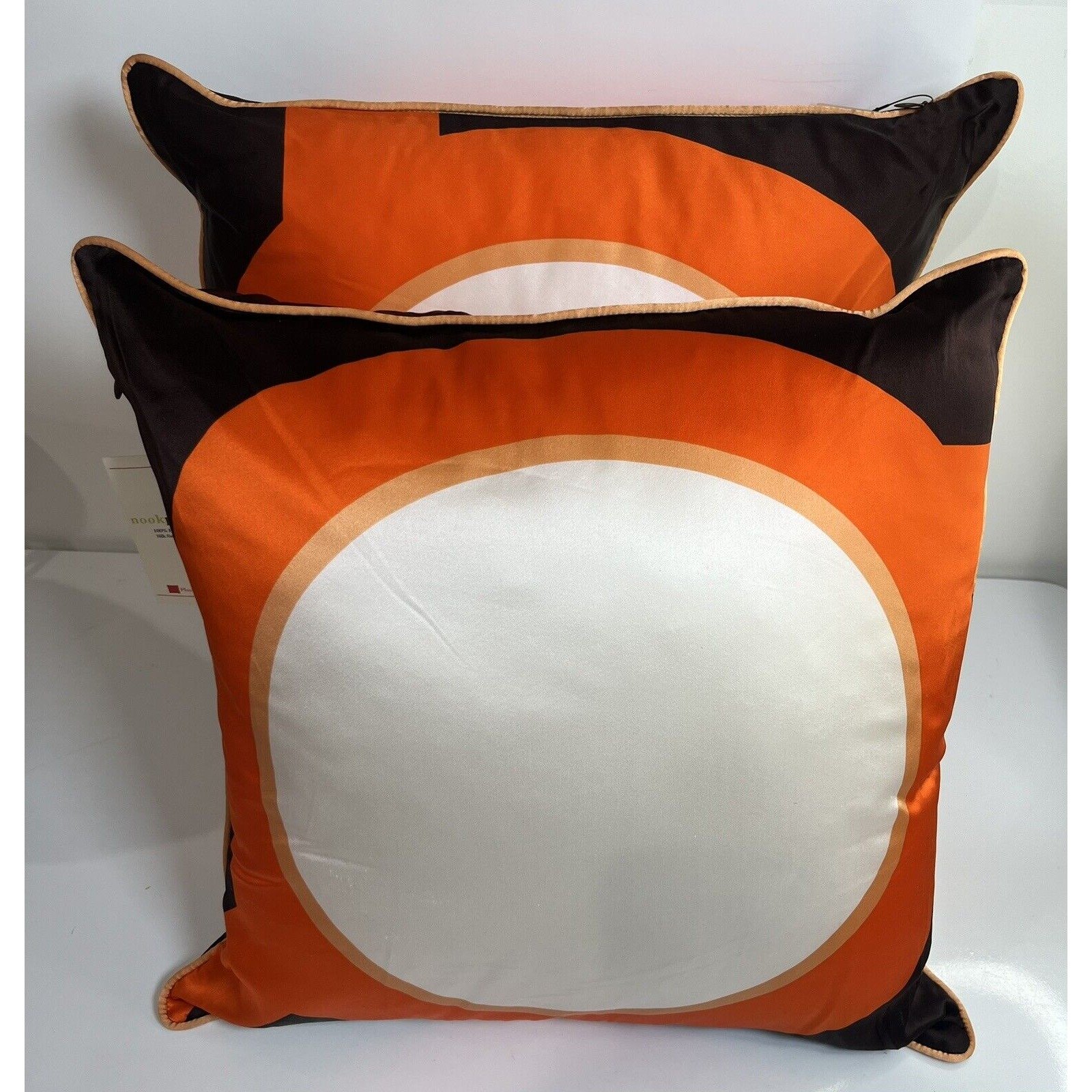 Set Plush Living 100% Silk Satin Orange Brown Geo Print Silk Pillows Cozy New