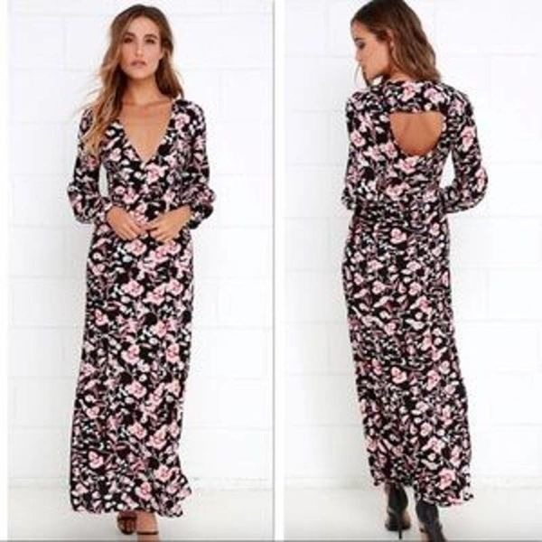 Mink Pink Crafty Critters Black Pink floral Maxi Dress NWT Womens medium