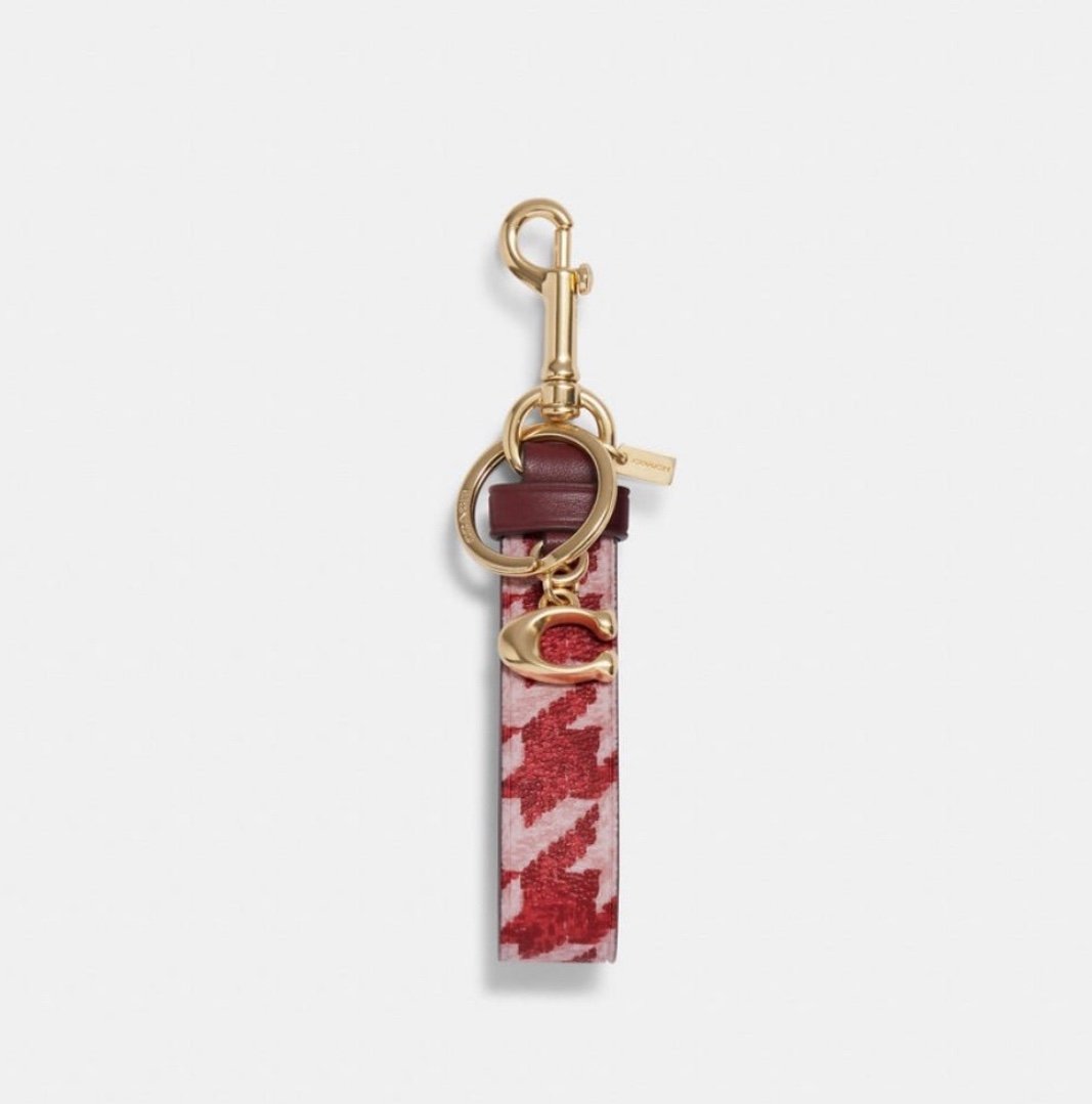 Coach Loop Bag Charm Key Chain FOB Houndstooth Print Pink Red CK069