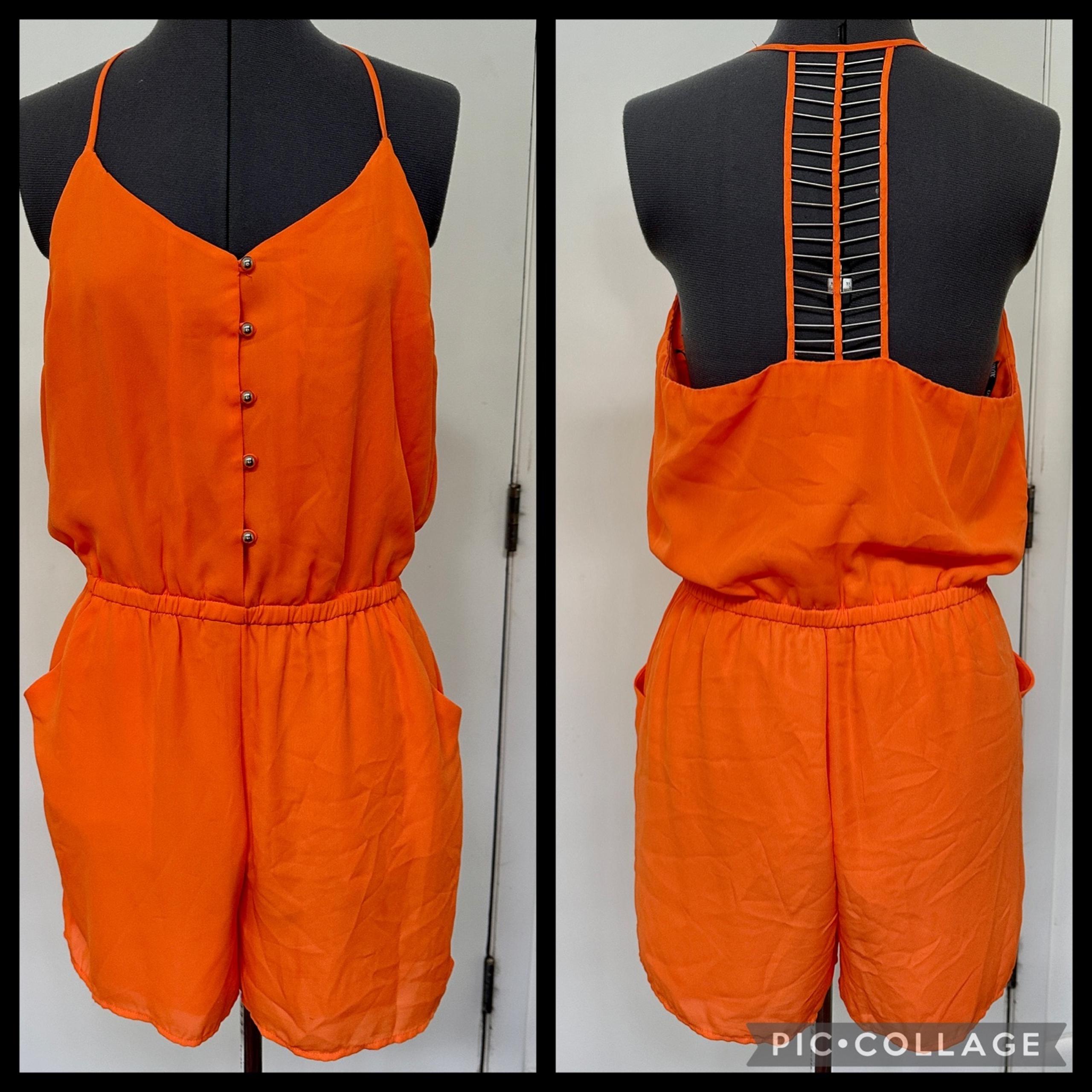 SEXY XOXO ORANGE SILKY CHIFFON SHORTS ROMPER HALTER SPAGHETTI STRAPS BEADED L