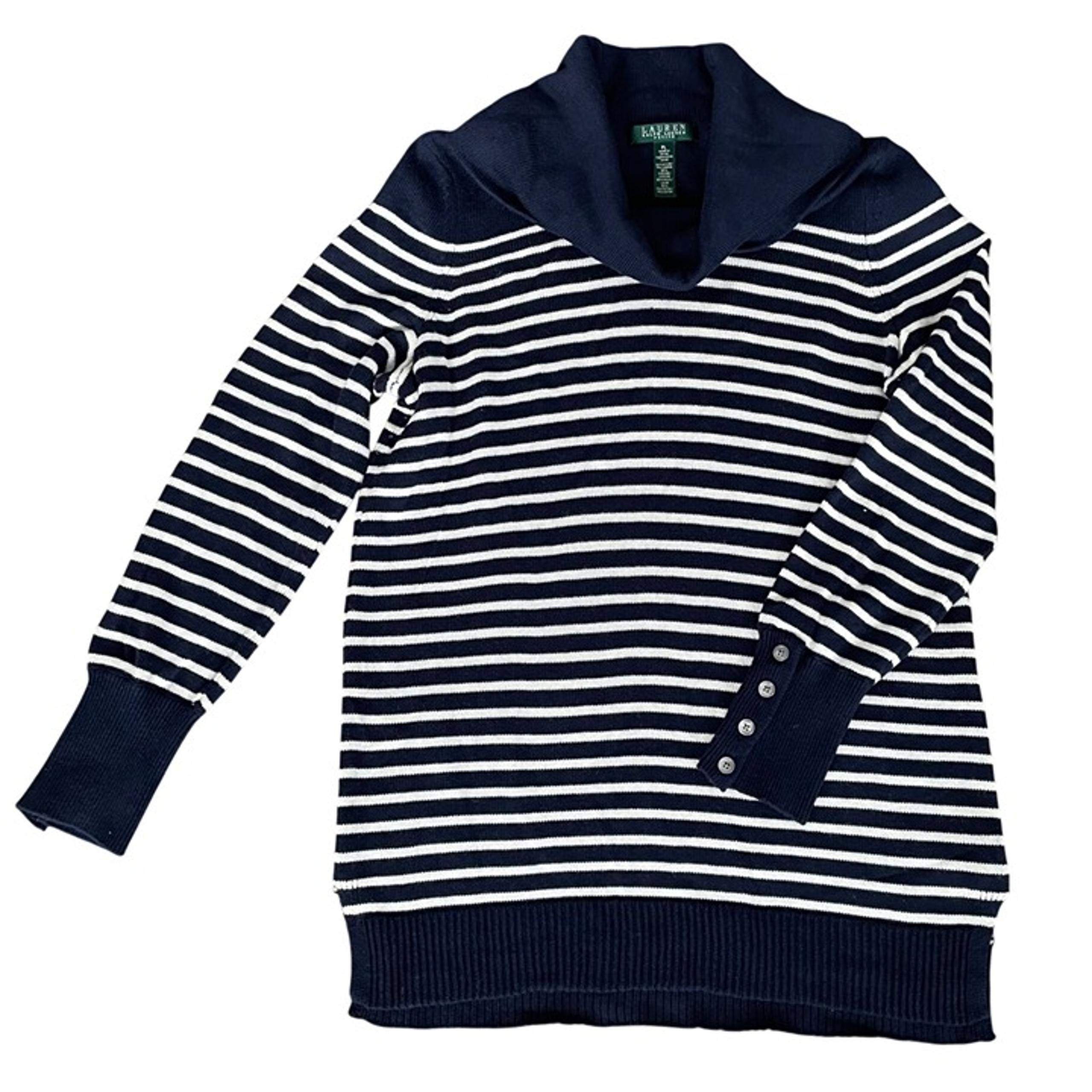 Ralph Lauren Womens Sweater Sz L Petite Blue White Striped Cowl Neck Wool Blend