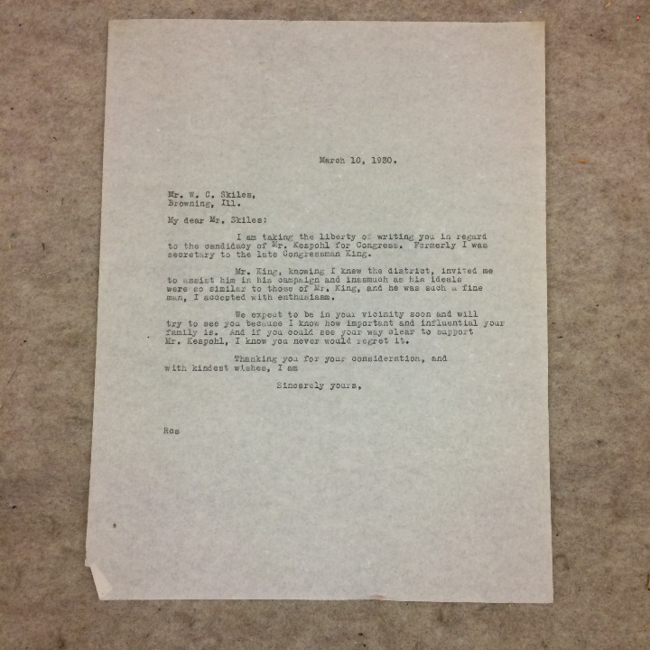 Vtg Letter WC Skiles Browning IL 1930 Kespohl Congress King