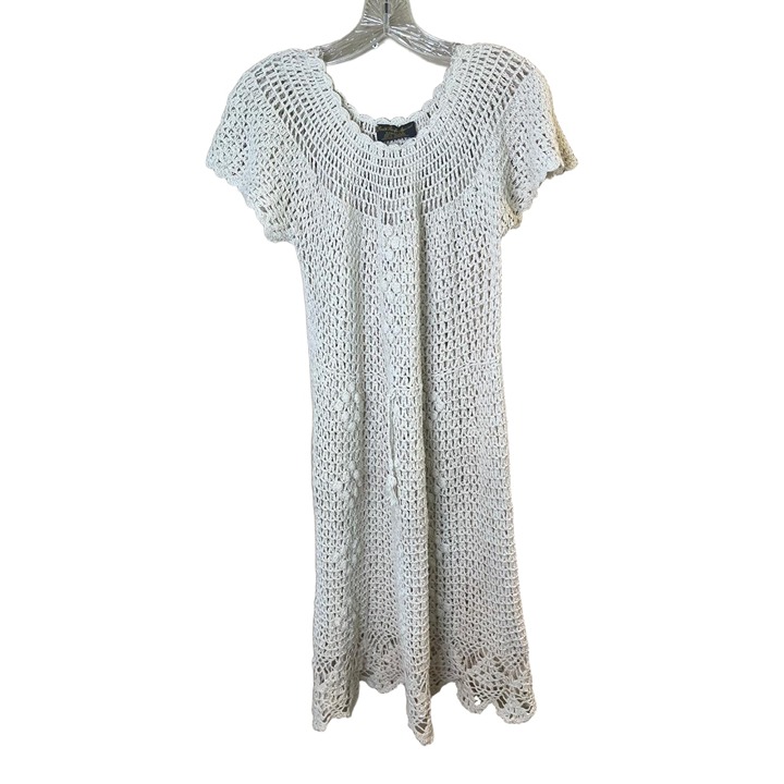 South Pacific Apparel Off White Crochet Scalloped Hem Short Sleeve Dress Medium