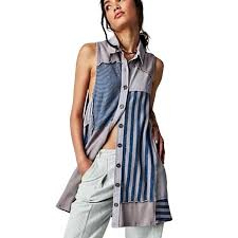 Free People Santana womens extra large Denim patchwork Mini Dress Blue Striped