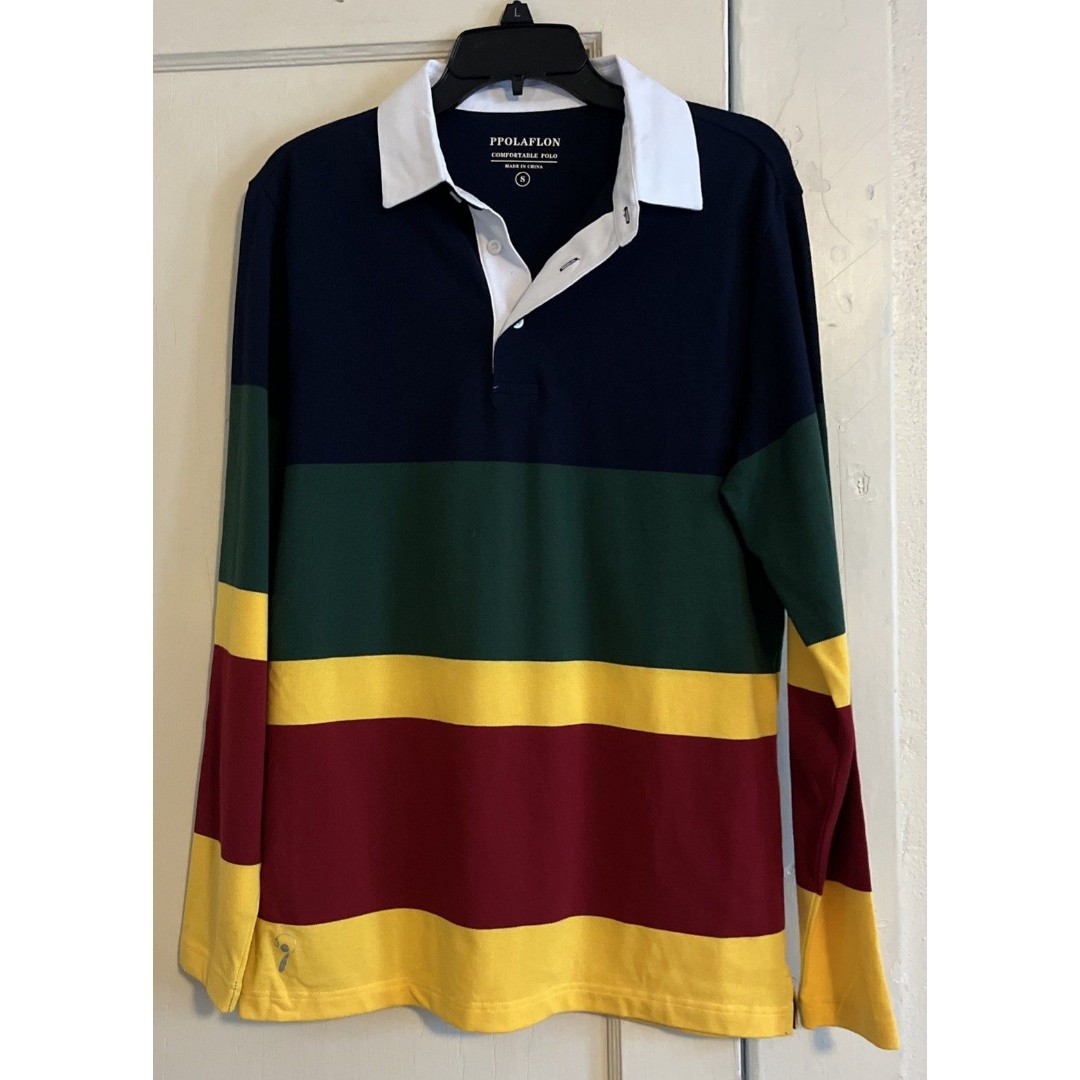 Ppolaflon Comfortable Polo Men’s S Multicolor Long Sleeve Striped Rugby Shirt
