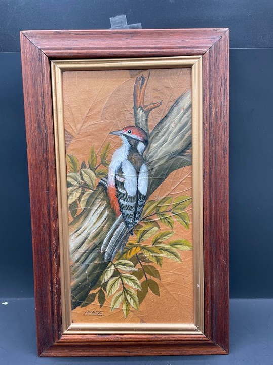 Tobacco Leaf Painting Red Black Woodpecker on a Tree Framed Signed Leri Original