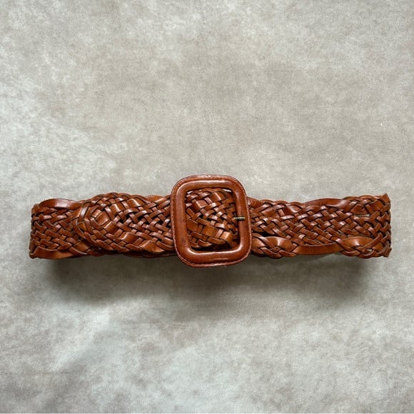 VTG Lands’ End Brown Braided Woven Leather Belt Square Buckle Made in Turkey M