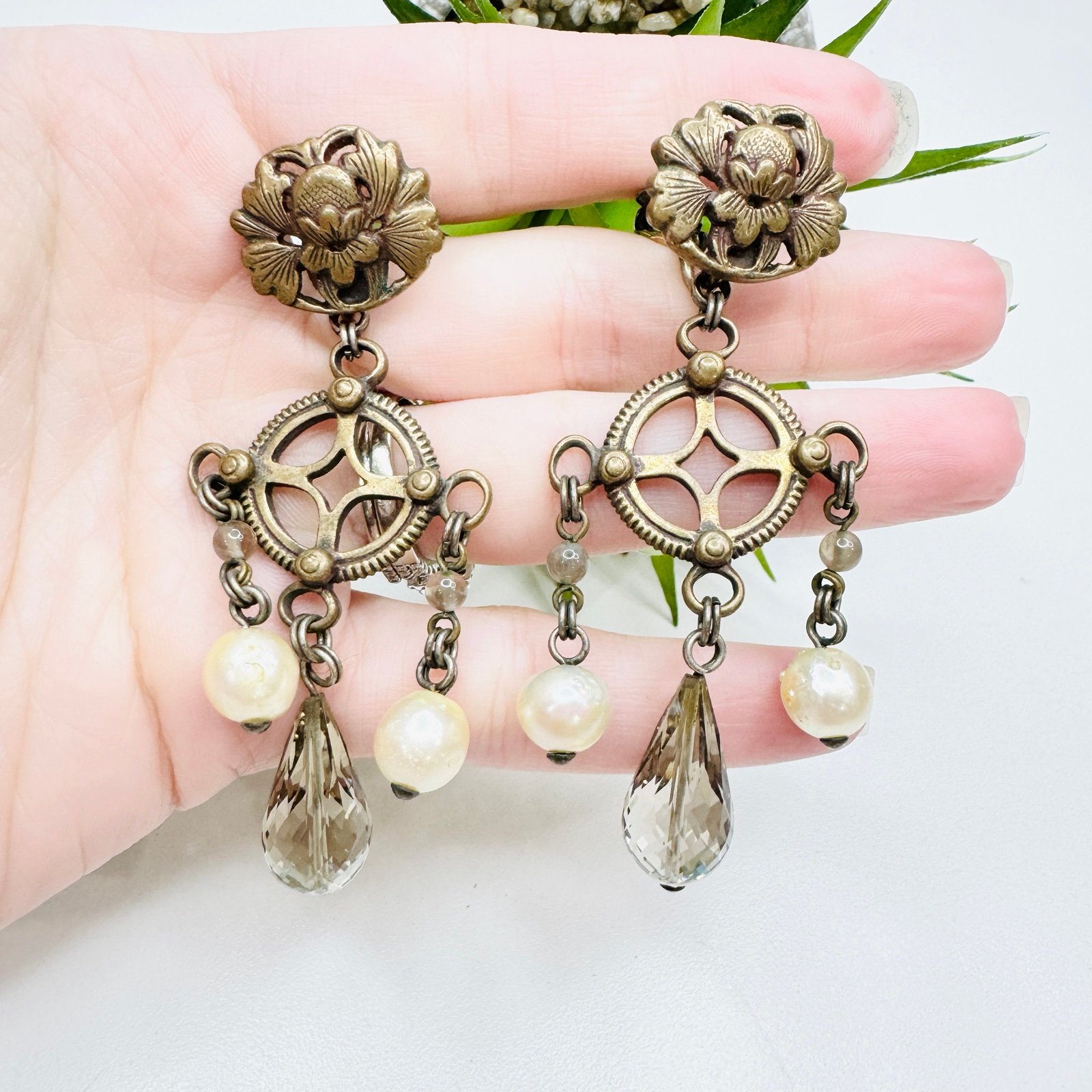 Stephen Dweck Smoky Spinel and Pearl Chandelier 14k Gold Filled Clip On Earrings