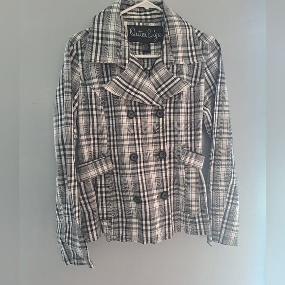 Outer Edge Women's Jacket Double Breasted Pea Coat White/Grey/Black Plaid Sz Med