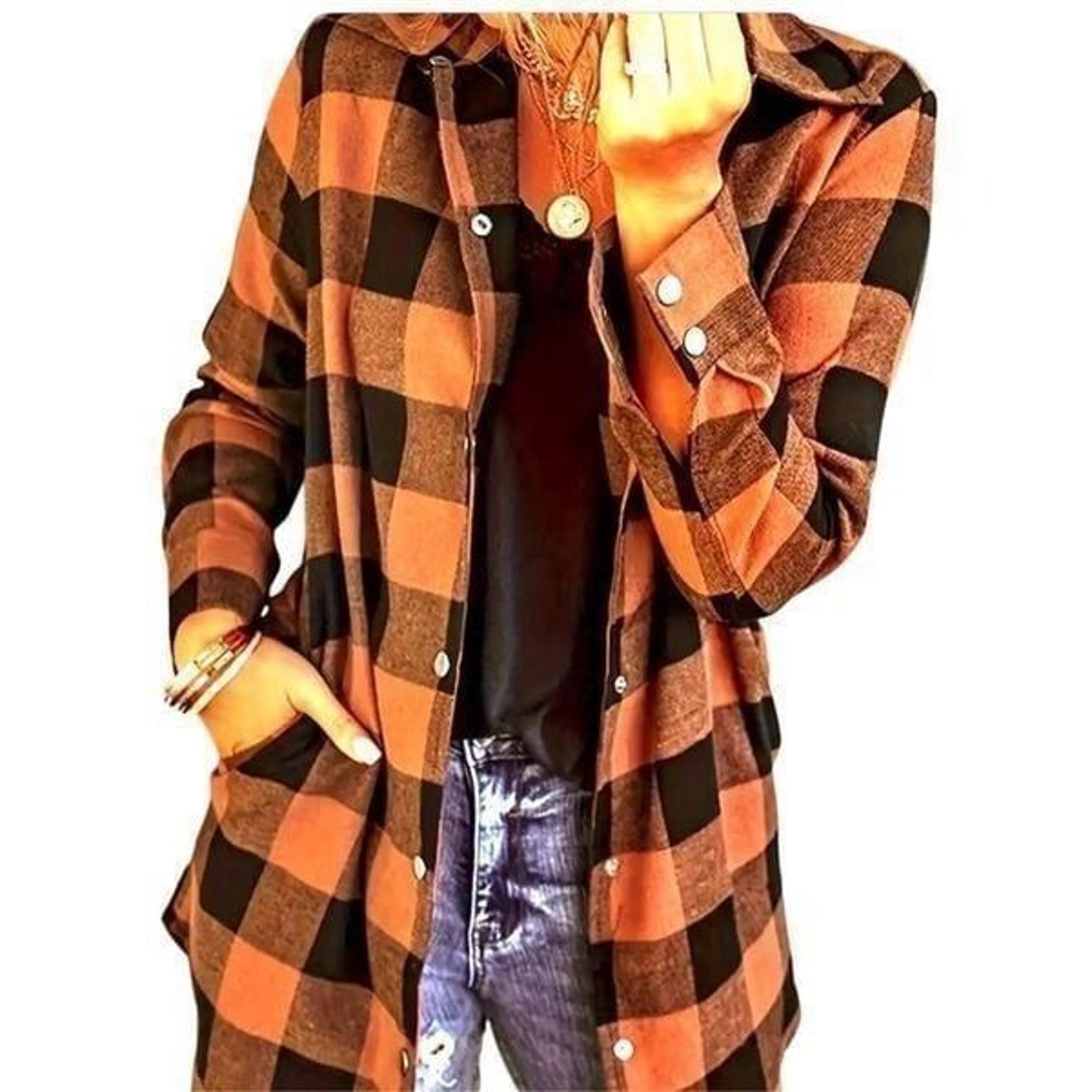 Plaid Snap Down Blouse Polyester Orange Black Long Sleeve Size M - Nobo