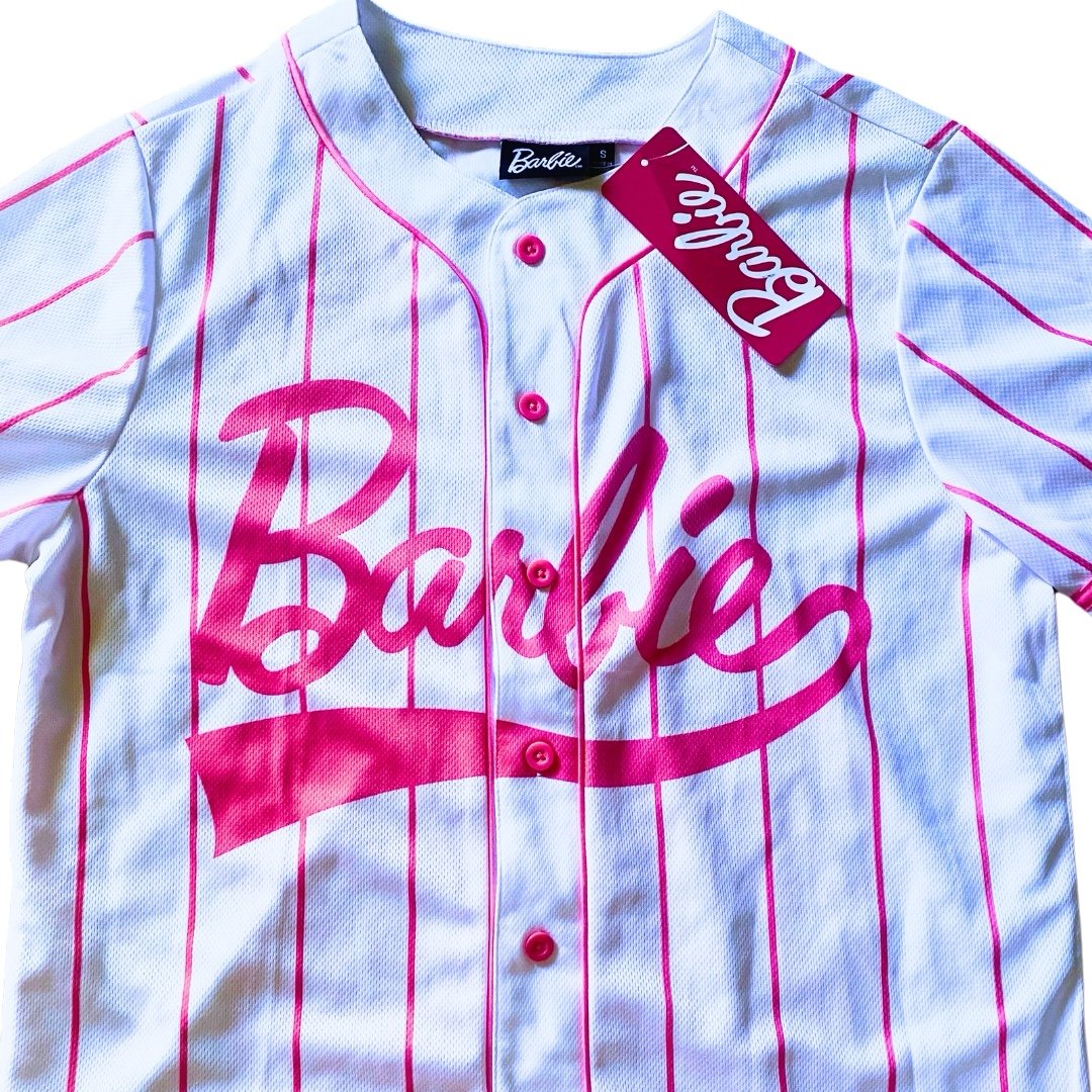 Barbie Icon 59 White Pink Stripe Baseball Jersey Button Front Womens Small NWT