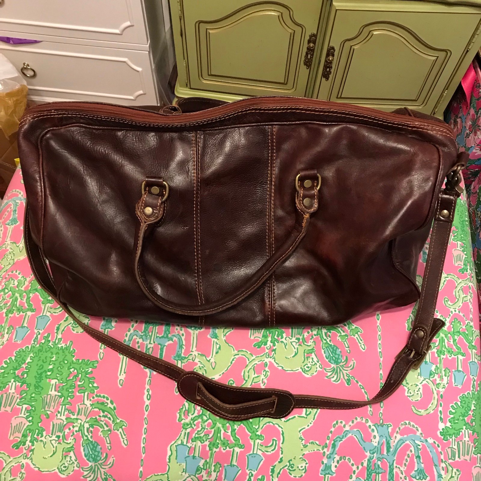 Floto Brown Leather Duffel Bag with Adjustable Strap