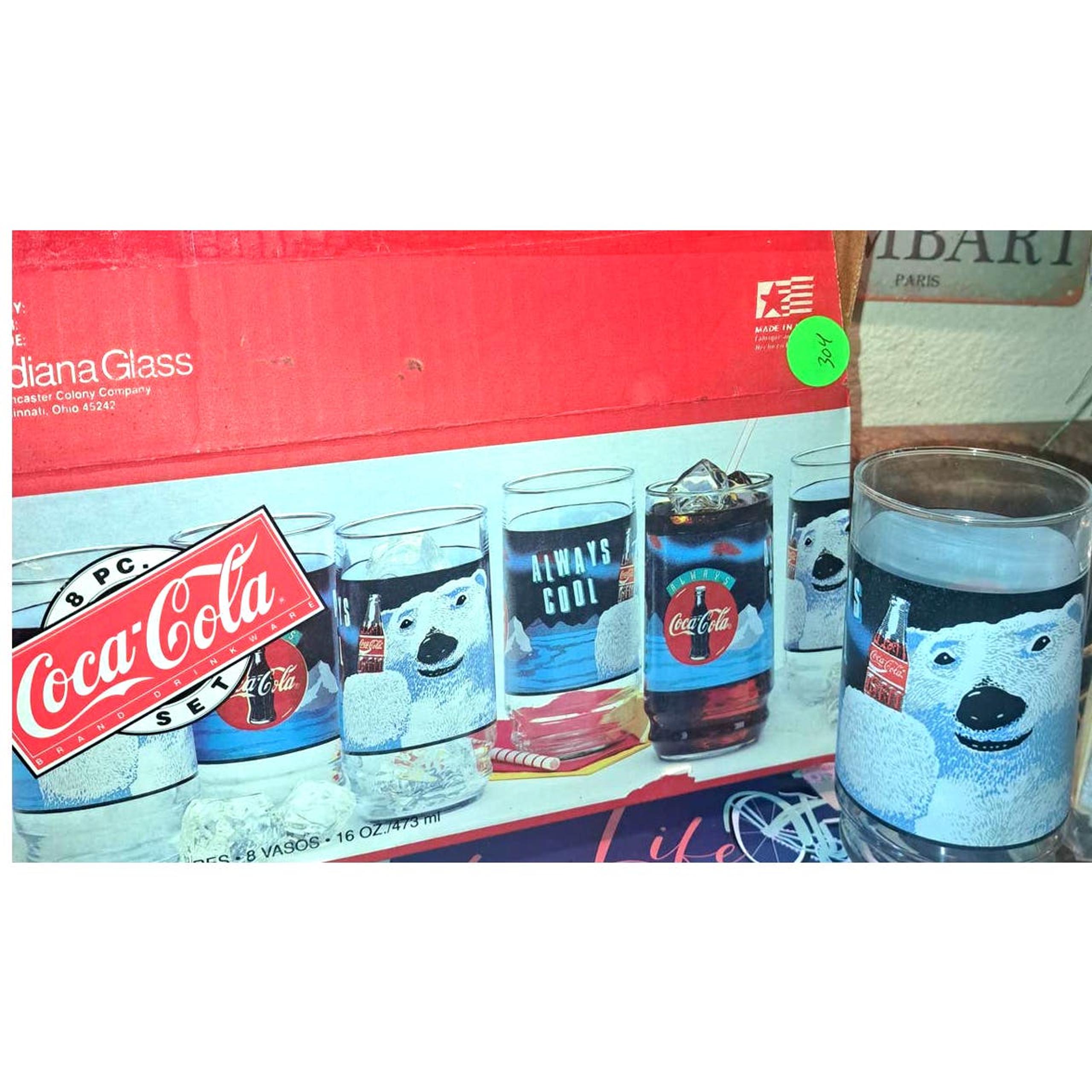 NIB- RARE & FUN! Set of 8 Polar Bear Coca-Cola Large Drinking Glasses in Box