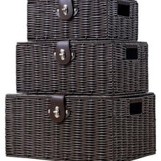 Woven Wicker Storage Basket Box with Lid & Lock Set of 3 Brown