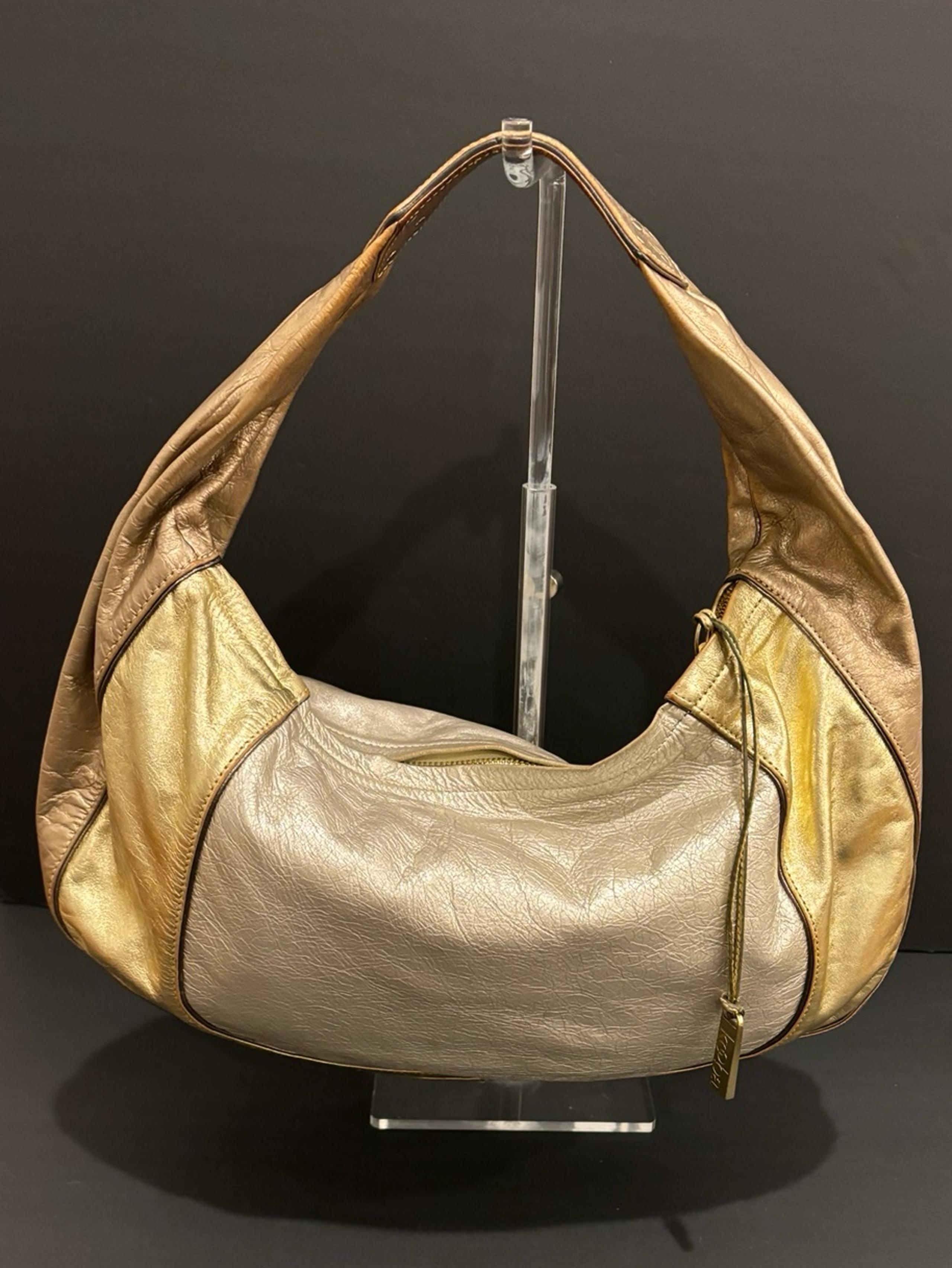Vtg KOOBA Womens Leather Hobo Gold Silver Shoulder Bag Handbag Purse