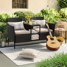 Rattan 2-Seat Patio Conversation Set With Cushions & Built-In Coffee Table