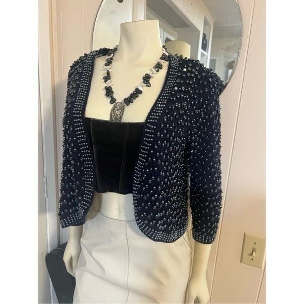 Topshop Navy Blue Fully Pearl & Sequin Beaded Open Front Cotton Cardigan 8